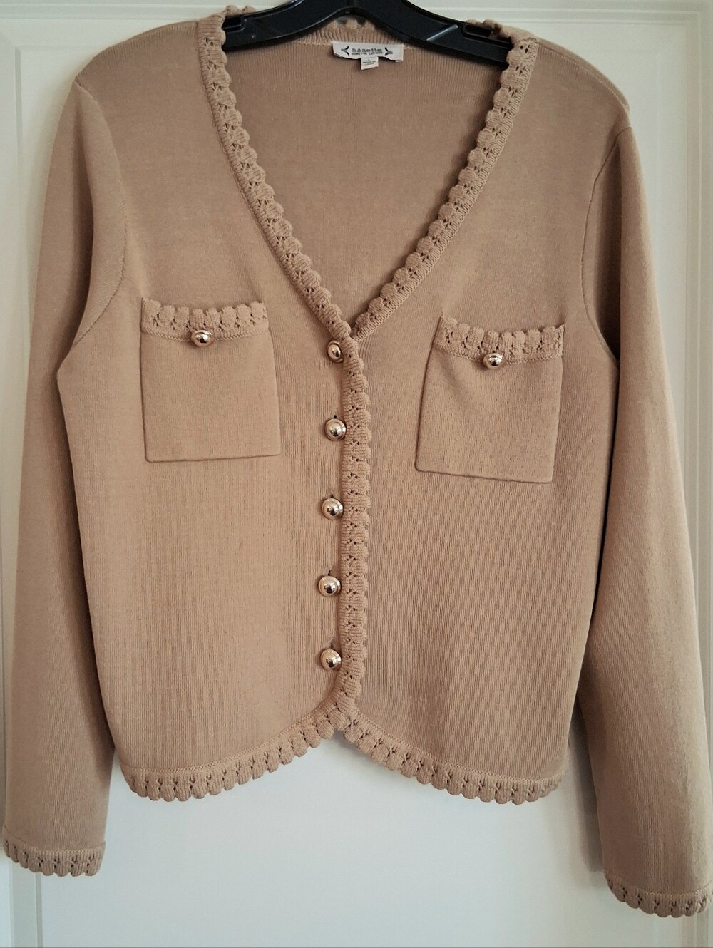 Nanette Lepore Camel Knit Cardigan Gold Tone Buttons Scalloped Trim Size  Large